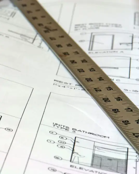 bathroom design blue print with overlayed ruler